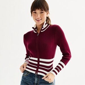 SO Juniors XL Cropped Varsity Zip Sweater Burgundy Cream Striped